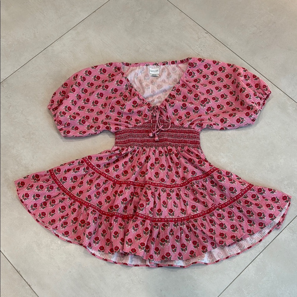 SAYLOR Red and White Smocked Puff Sleeve Sundress